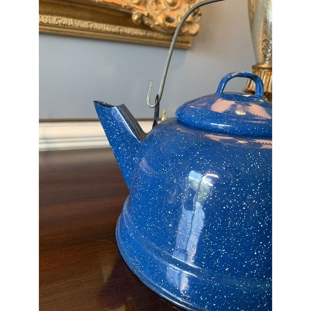 Vintage Blue Speckled Enamelware Tea Kettle ~ Lid and Metal Wire Handle~ Rustic